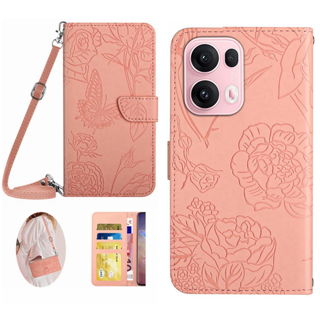 For Oppo Reno13 Pro 5G Case Butterfly Flower Imprint Leather Phone Cover with Shoulder Strap