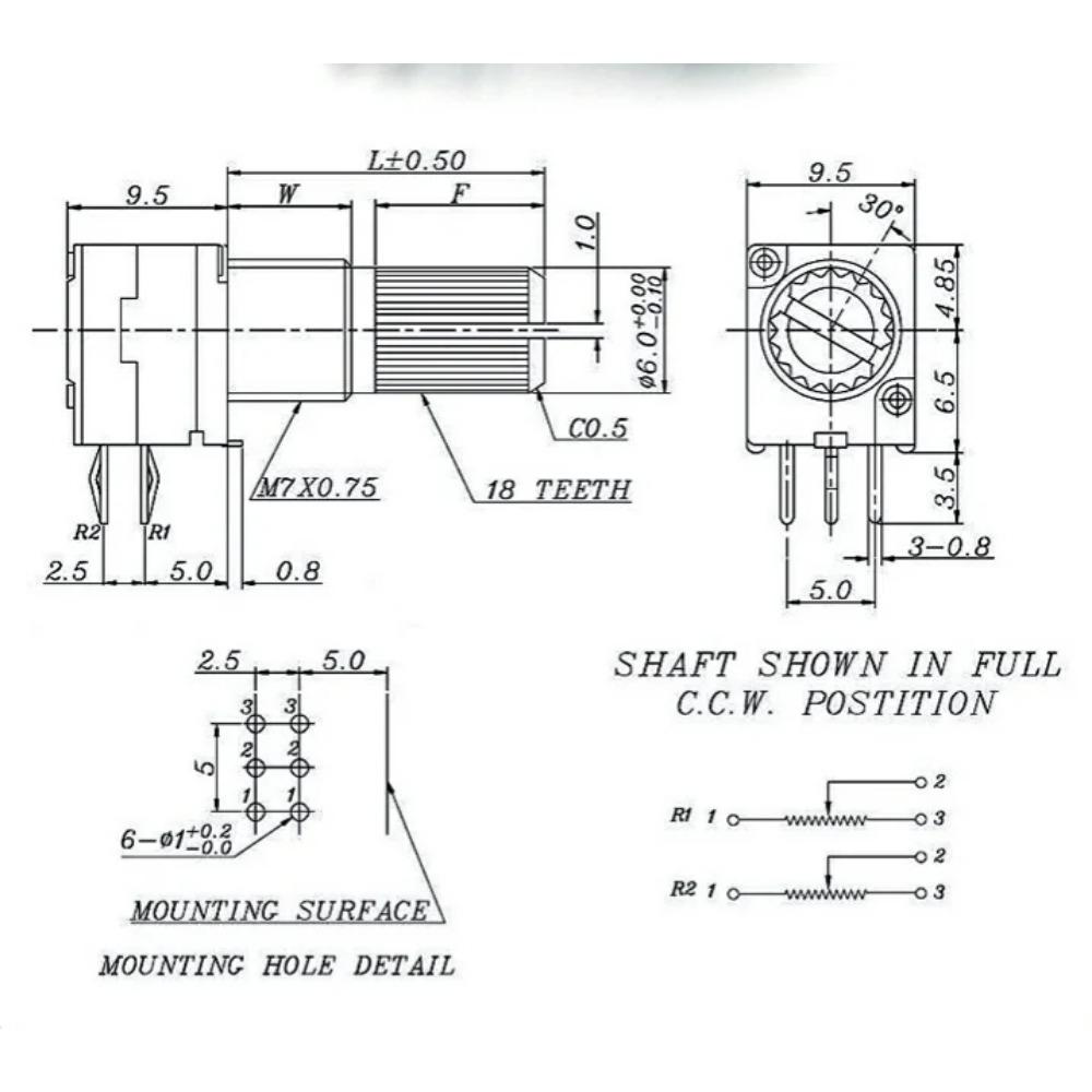 5 шт. RK097NS потенциометр 6-контактный B100K B10K B50K вал 15 мм аудиоусилитель уплотнительные потенциометры комплект