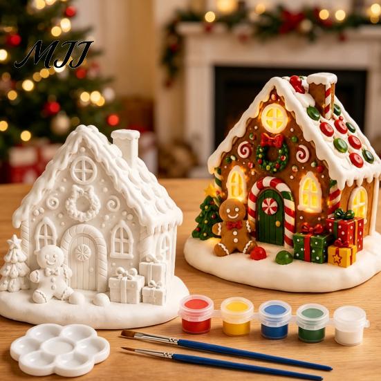 Неокрашенные гипсовые статуэтки DIY Рождественский набор для раскрашивания гипсом, Милый Рождественский домик-елка Санта Снеговик Ручная работа Настольные украшения Фигурка Поделка