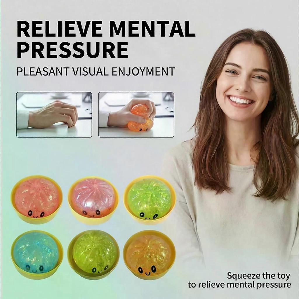 Glitter Steamed Bun Squeeze Toy, Cute Face Stress Relief Fidget Toy, Portable Slow Rebound Sensory Toy for Kids and Adults, 6 Colors