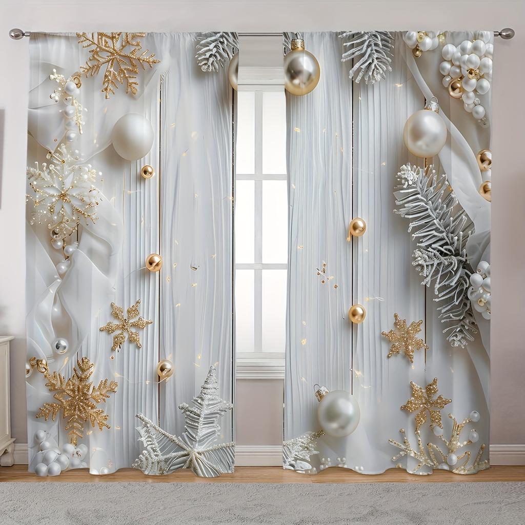 2 Elegant Classic Art Christmas Tree and Snowflake Design Rod Pocket Curtains for Home Decor In Living Room and Bedroom Window