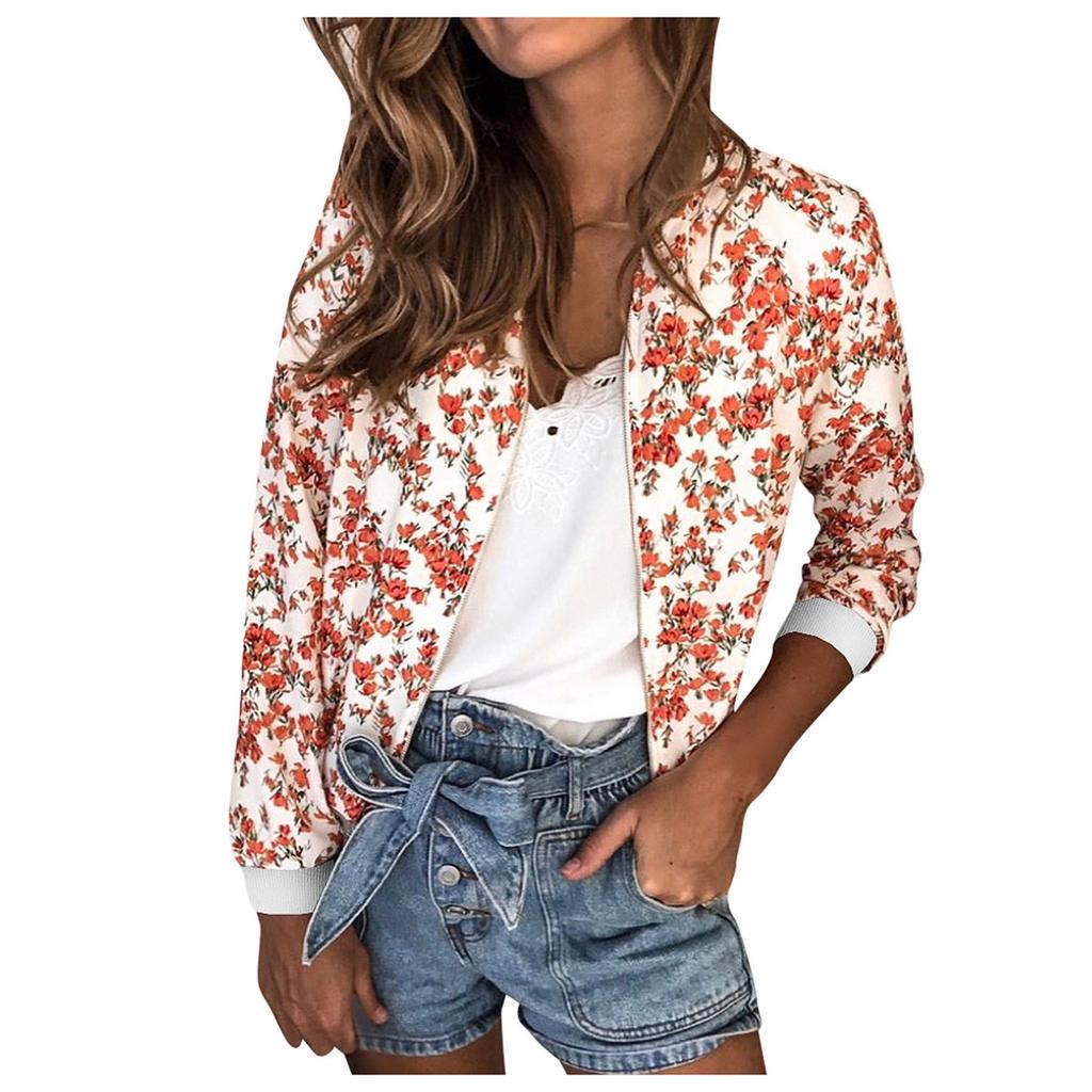 Womens Ladies Retro Floral Zipper Up Jacket Casual Coat Outwear