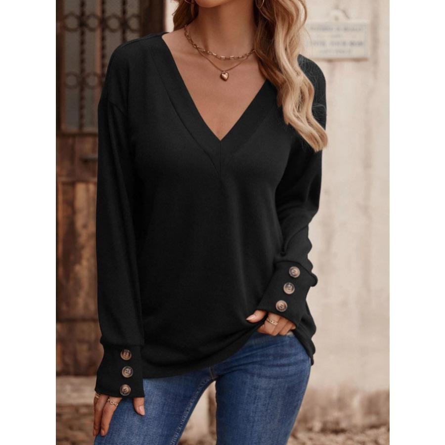 Women's Autumn Winter Solid Color V-neck Loose Long Sleeved T-shirt Button Top Blouses & Shirts