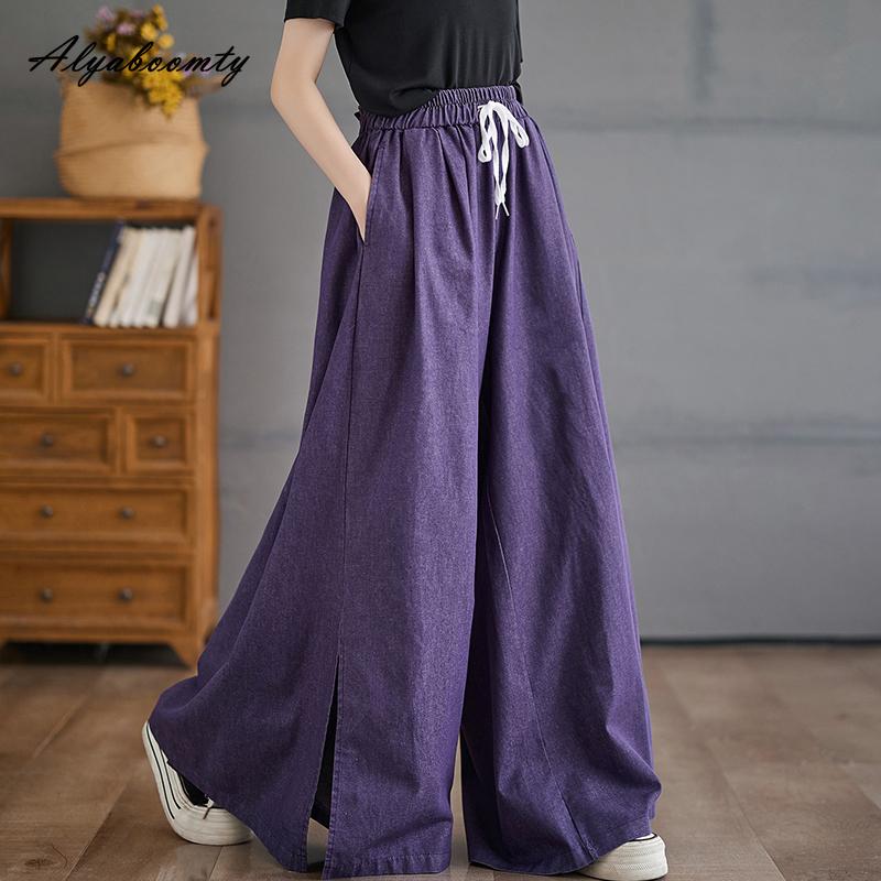 Корейский стиль, весна-осень, женские мешковатые джинсы больших размеров, эластичная талия, черные, фиолетовые, зеленые, джинсовые брюки с разрезом, повседневные свободные широкие джинсы