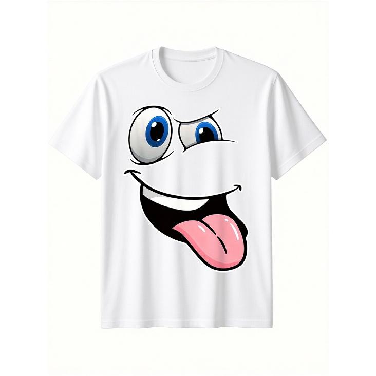 Men's Black Cotton T-Shirt with Hilarious Cartoon Face Design - Funny Eyes& Tongue Out Print, Casual Crew Neck Tee, Perfect Gift for Friends& Family,
