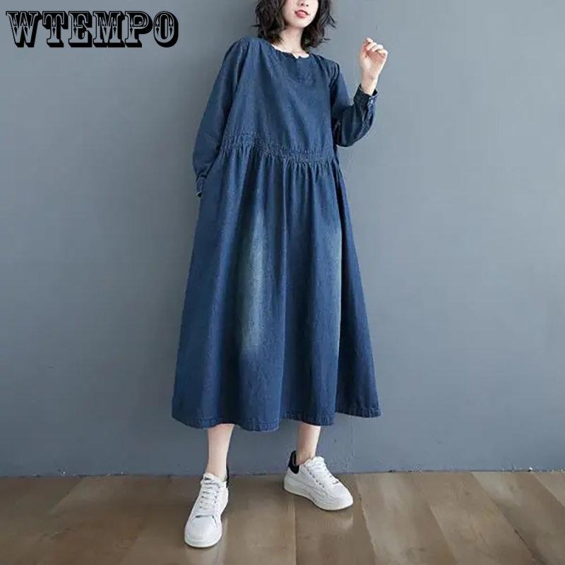 Свободное весеннее синее джинсовое платье с длинным рукавом, женские повседневные винтажные однотонные универсальные длинные платья с круглым вырезом, уличная одежда