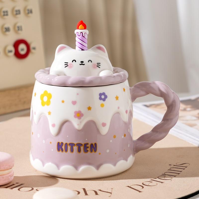 Милая кружка для торта на день рождения с крышкой и ложкой, мультяшная керамическая кофейная чашка с изображением животных, офисная чашка для воды высокого качества