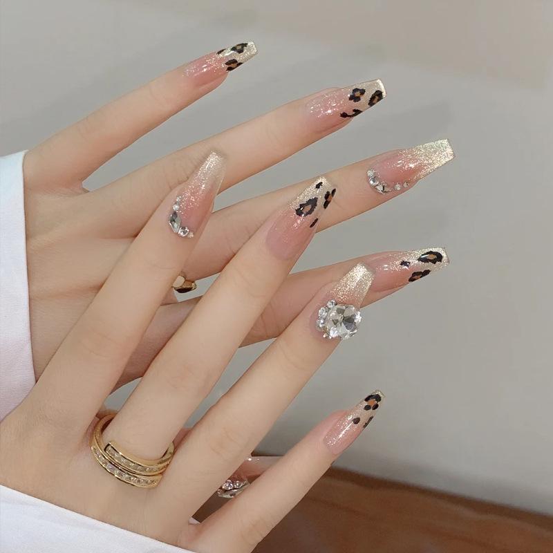 Носимые накладные ногти для французского маникюра с леопардовым принтом – Осенне-зимние отбеливающие наклейки, Накладные ногти премиум-класса