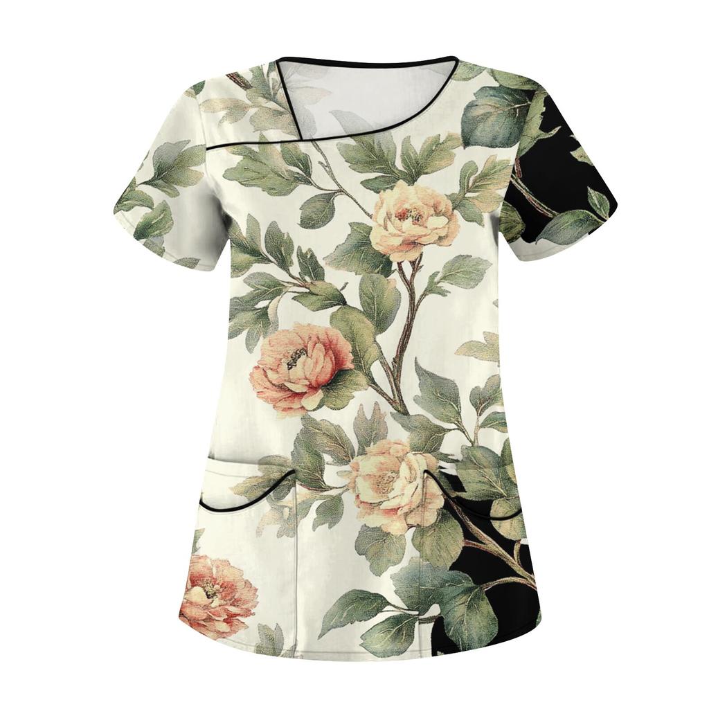 Женская повседневная рабочая одежда с короткими рукавами и наклонным воротником с принтом и двойными карманами