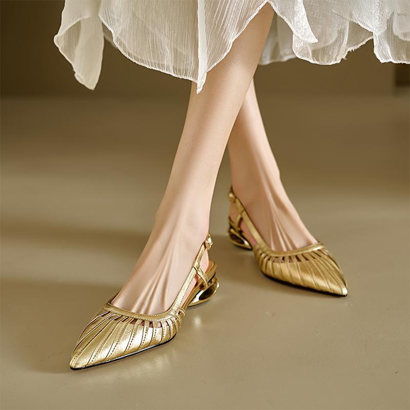 Новые весенне-летние женские туфли на каблуке с острым носком и ремешком, золотисто-серебряные босоножки на высоком каблуке, универсальные туфли с открытой пяткой на высоком каблуке