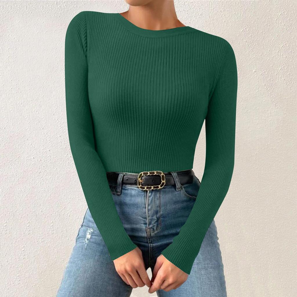 Женская однотонная футболка с круглым вырезом и вертикальными длинными рукавами