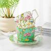 Ceramic Coffee Cup and Saucer Set 270ml Floral Bird Pattern Gold Rim for Tea 4 Colors