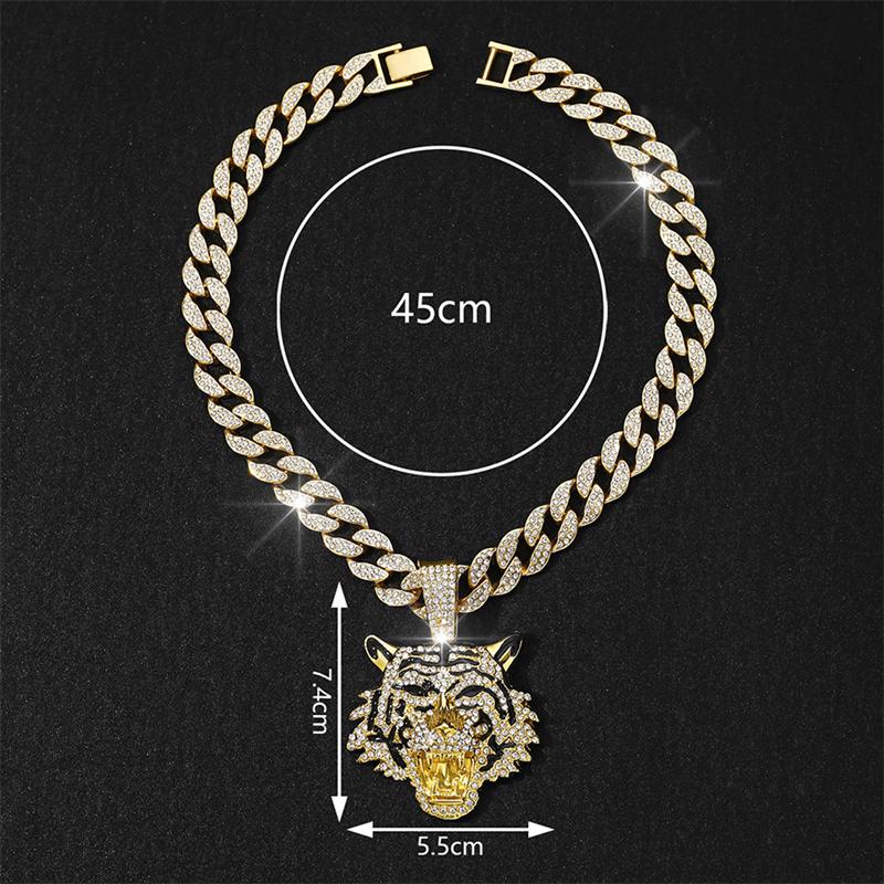 Domineering Ferocious Tiger Head Pendant Full Rhinestone Cuban Chain Animal Necklace Men's Hip Hop Punk Trend Jewelry Boy Gift