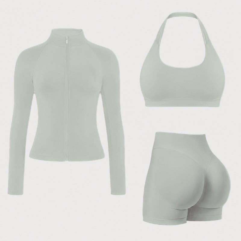Womens 3-Piece Yoga Set: High-Support Sports Bra Legging Shorts Lightweight Jacket Gym Fitness Workout