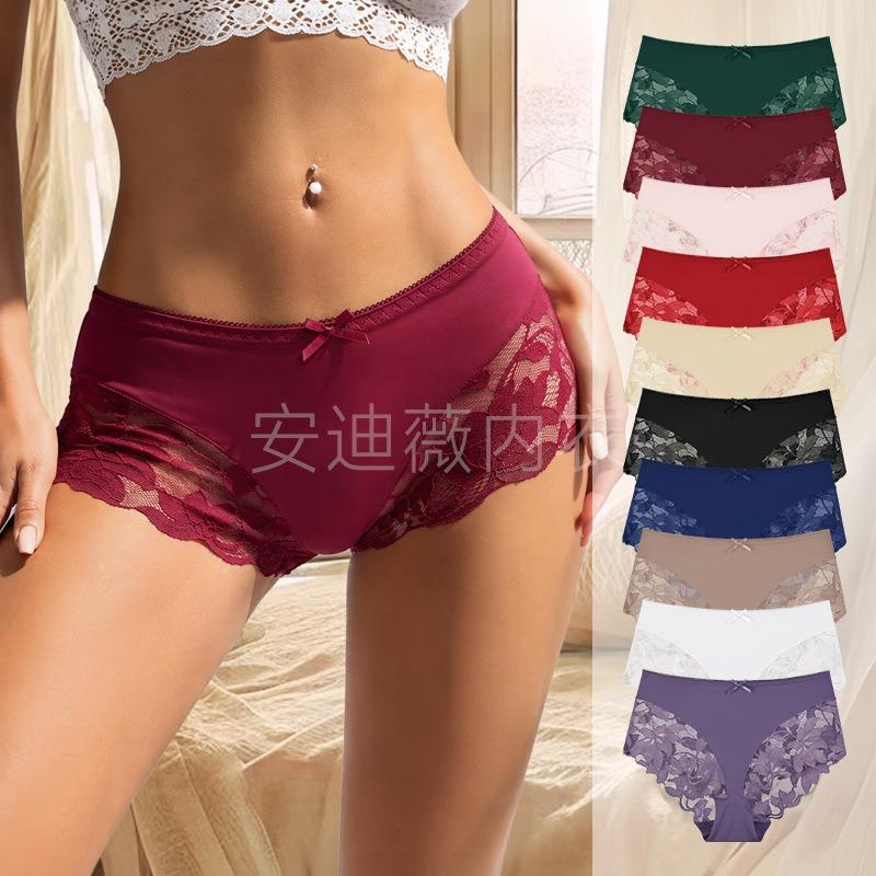 Women Mid Waist Large Size Solid Lace Mesh Patchwork Sexy Breathable Hip Lifting Panties