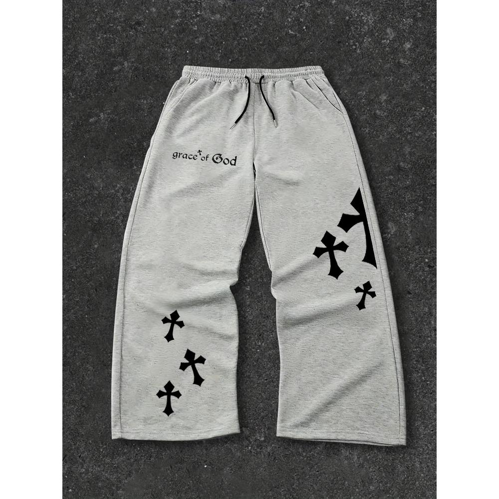 Men's Cross Pattern Letter Printed Drawstring Waistband Casual Black Sports Pants, Fashionable Straight Tube Streetwear Design