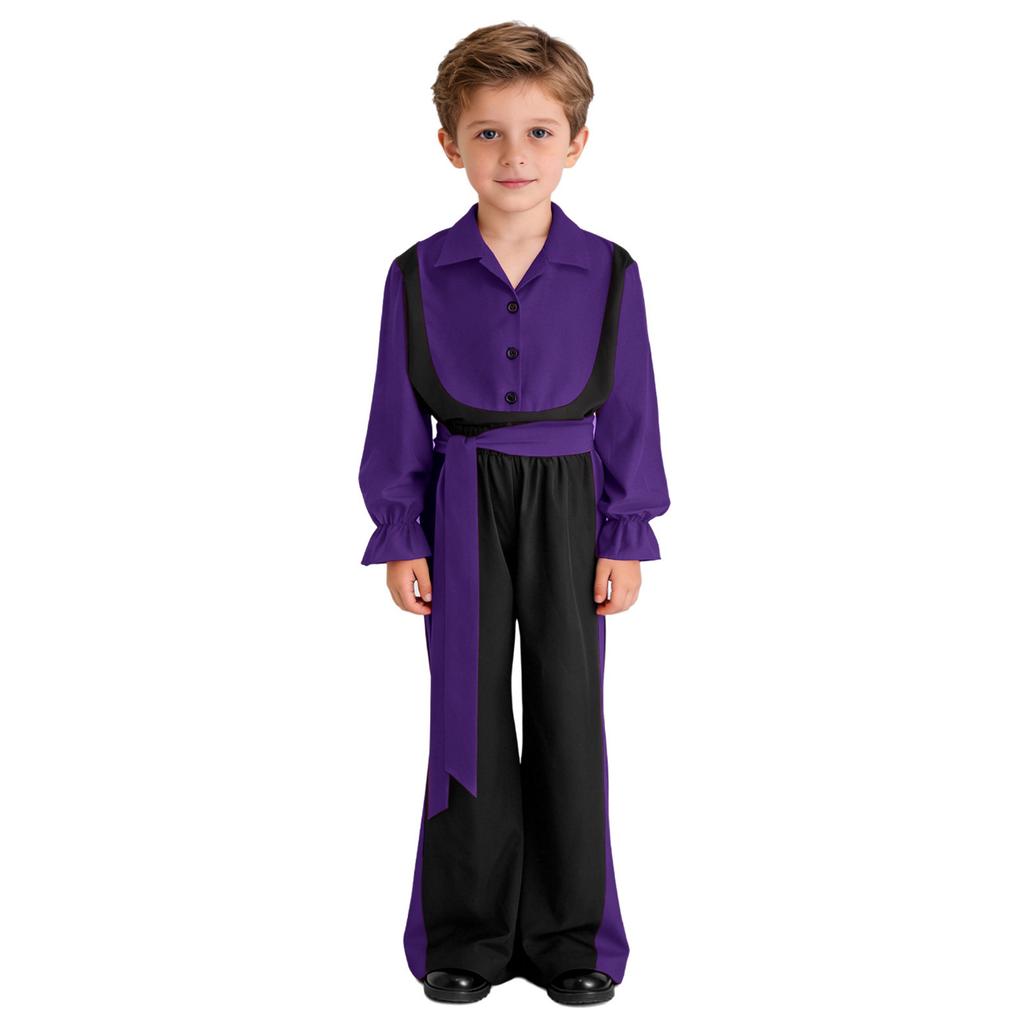 Boys Flamenco Dance Outfit Color Block Turn Down Collar Long Puff Sleeve Pullover Shirt Elastic Waistband Pants Belt