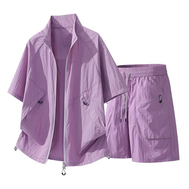 Mens Quick-Dry Sport Set With Stand Collar Zipper Top Breathable Shorts Lightweight Athletic Wear