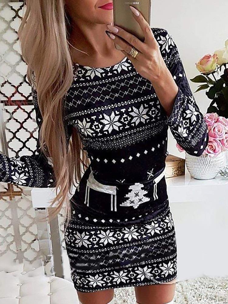 Европейское и американское рождественское платье с длинным рукавом и принтом 2023