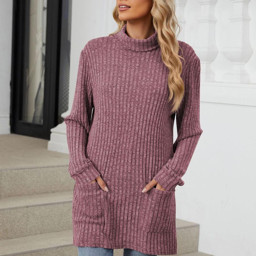 Autumn Winter Mid-Length Pullover Long Sleeves Thick Warm Knitwear Hoodie Casual Solid Color Half High Collar Loose Pocket Sweatshirt