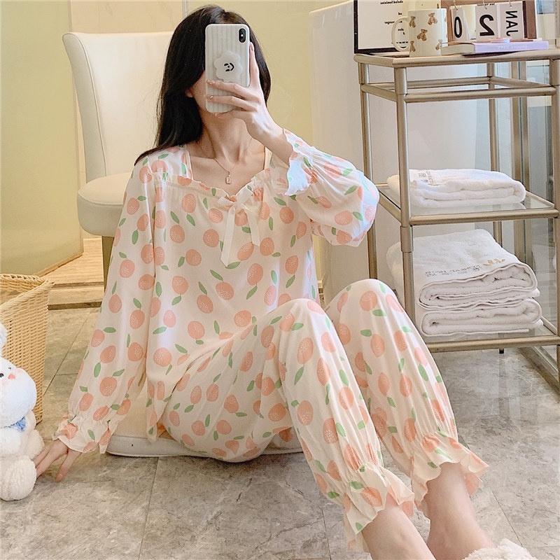 Пижамы женские с длинными рукавами из тонкого хлопка и шелка корейский комплект одежды для сна больших размеров