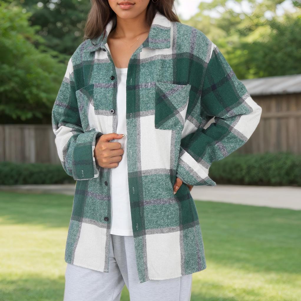 Женское пальто осень и зима клетчатая рубашка пуговицы модное шерстяное пальто