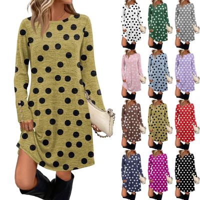 Женское модное повседневное платье с карманами, декоративными пуговицами, принтом в горошек, круглым вырезом и длинными рукавами