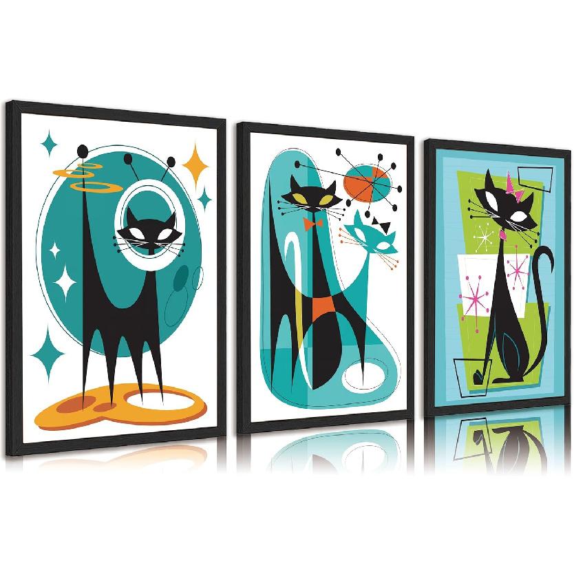 3pcs Funny Abstract Cat Canvas Wall Art Whimsical Futuristic Atomic Cats Posters Prints Modern Medieval Geometry Wall Decor Pictures for Living Room