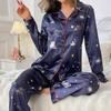 Womens Pajamas Flower Print Satin Long Sleeve Lapel Sleepwear Pajama Pants Home Clothes Nightwear Pyjama Femme Lounge Set