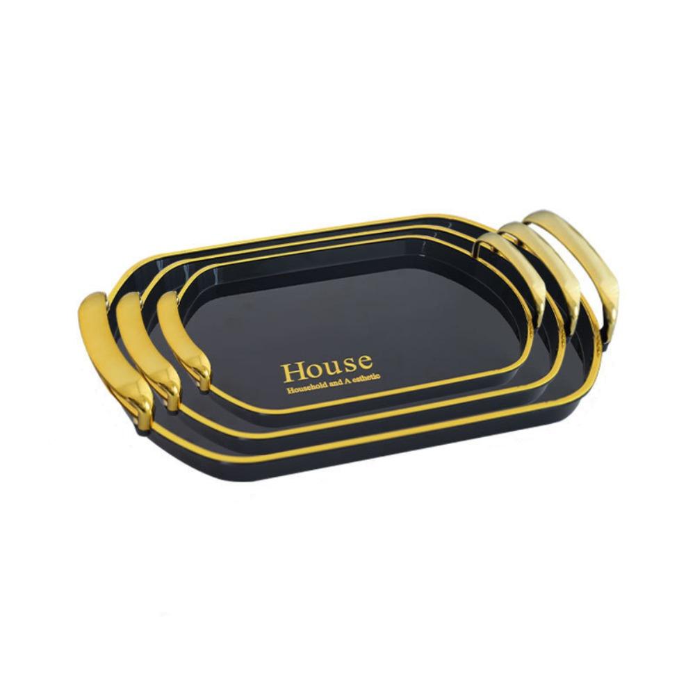 3PCS Golden Handle Dessert Tray Plastic Afternoon Tea Tray Multi-functional Beverage Plate Fruit