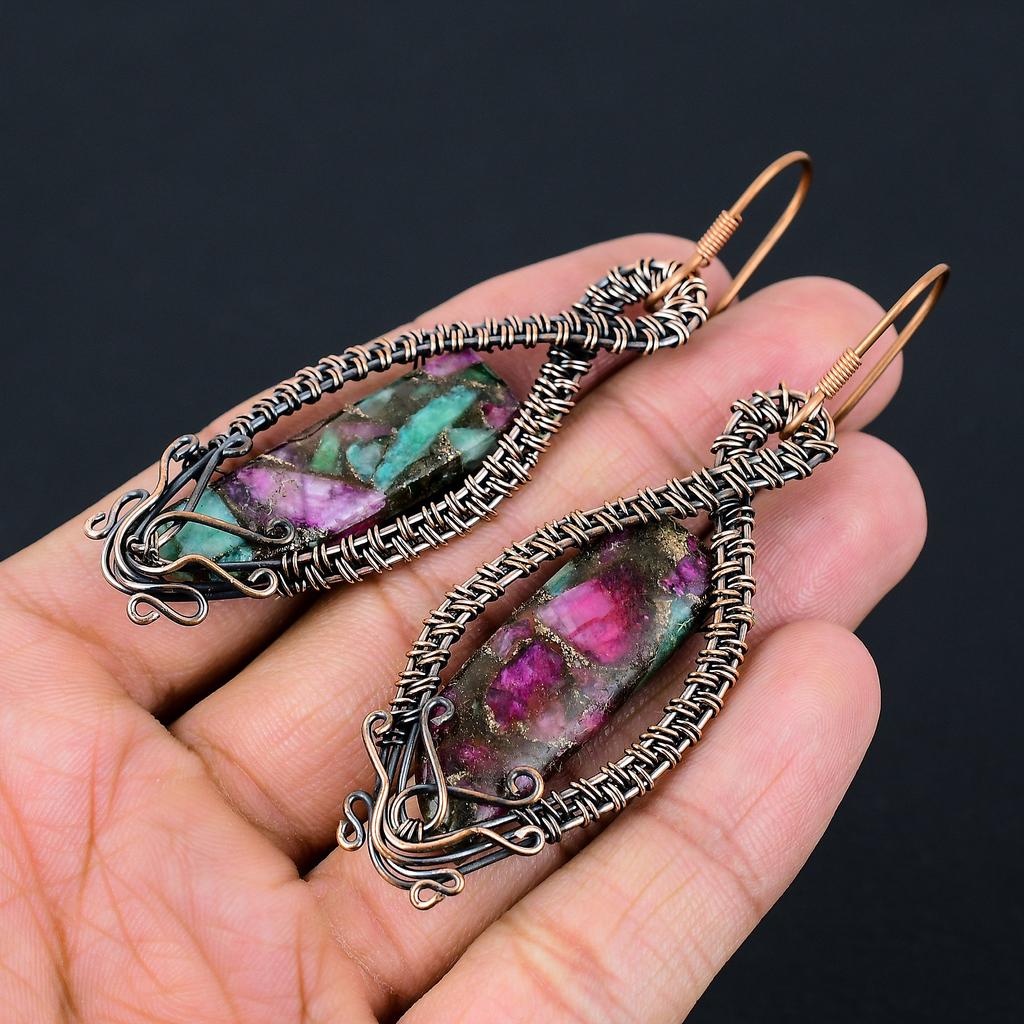 Ruby In Zoisite Handmade Copper Wire Wrap Jewelry Earring 3.23" L0b84