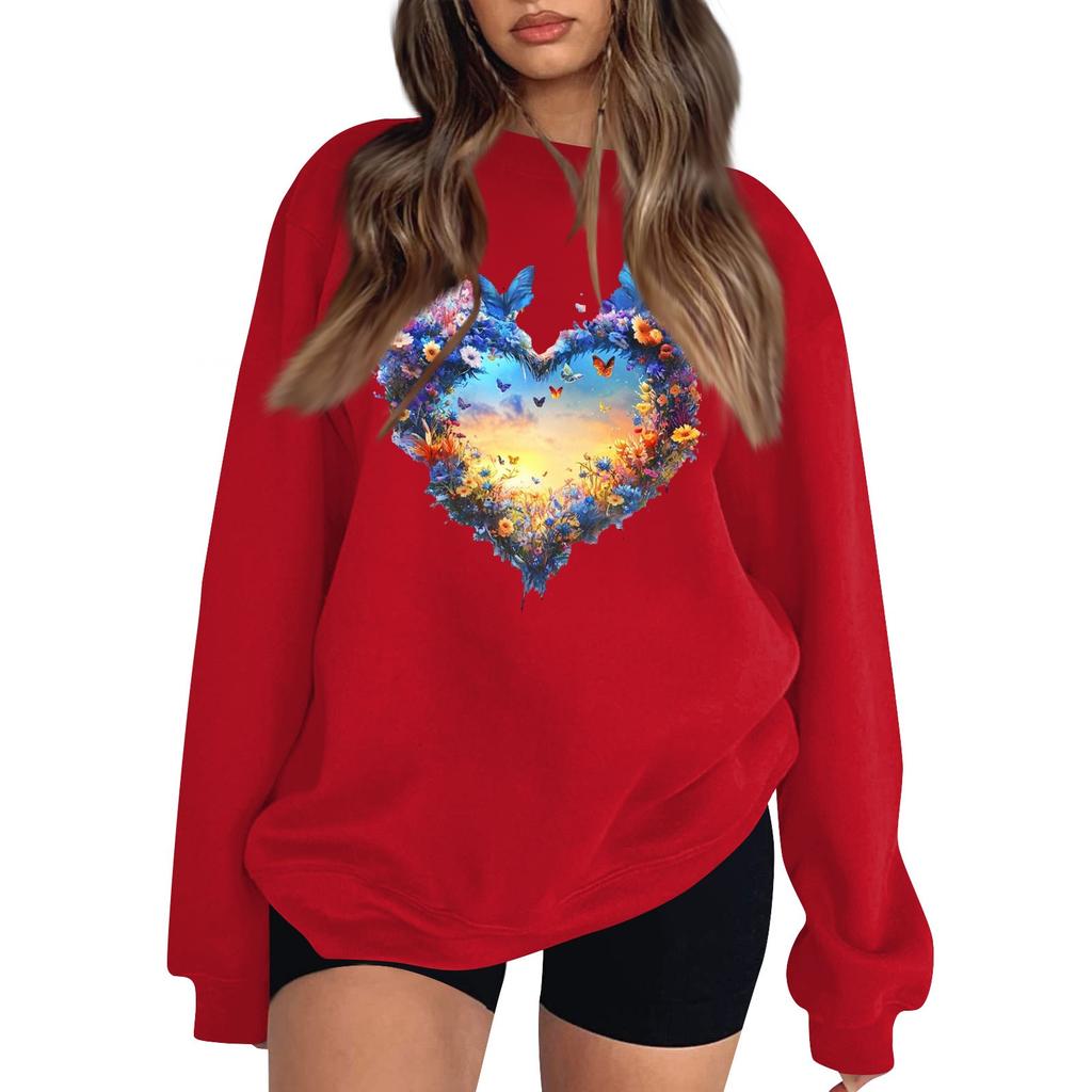 Женская повседневная мода ко Дню святого Валентина с принтом, длинным рукавом, круглым вырезом, толстовки, пуловеры, топы