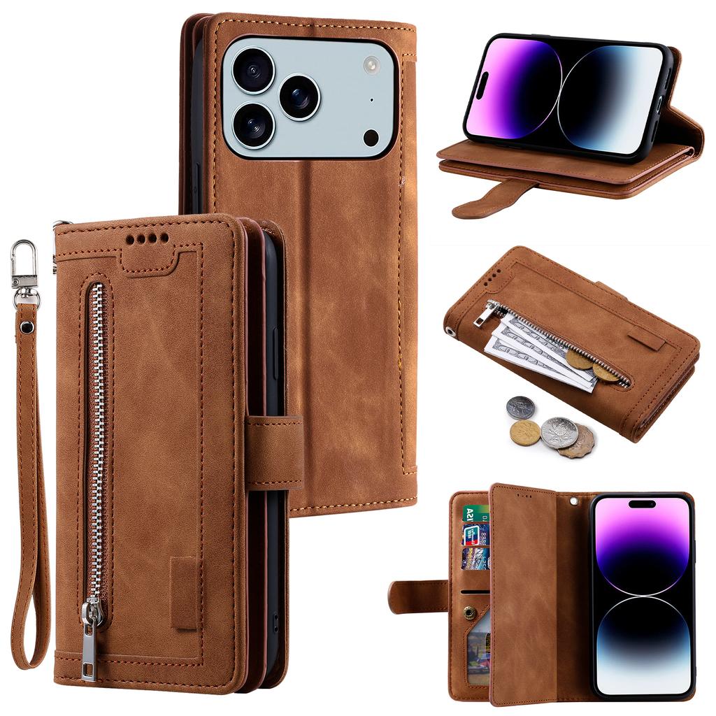 For iPhone 17 Pro Max Case 9 Card Slots Zipper Wallet PU Leather Phone Cover with Wrist Strap