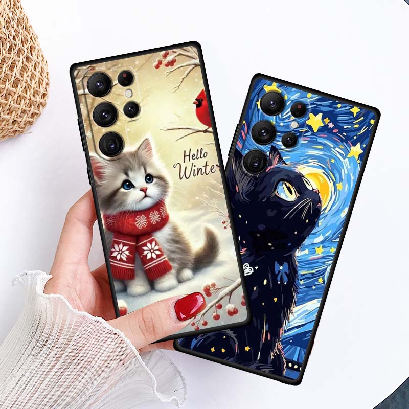 Милая мультяшная кошка Иллюстрация Чехол для телефона Для Samsung Galaxy S26 S25 S24 S23 S22 S21 S20 Ultra Plus FE 5G Черный Мягкий ТПУ