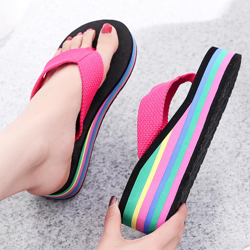 Ladies' Slope Heel Flip Flops, Rainbow Sole Flat Slip In Shoes, Casual and Lightweight Summer Beach Shoes