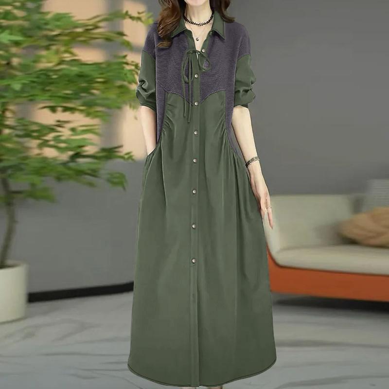 ZANZEA Женское повседневное платье свободного кроя с длинными рукавами и отложным воротником, в стиле пэчворк