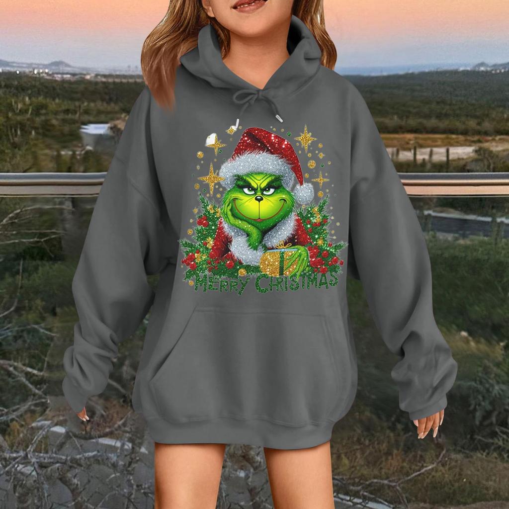 Children's Fashionable Casual Long-sleeved Loose Christmas Print Pullover Hooded Sweatshirt