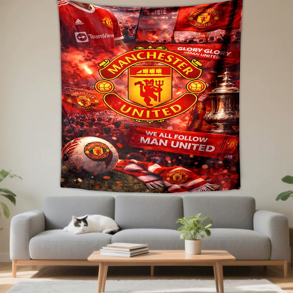 Tapestry Manchester United FC Crest Glory Glory Matchday Red Fan Collage Wall Art for Red Devils Fan Cave Decor