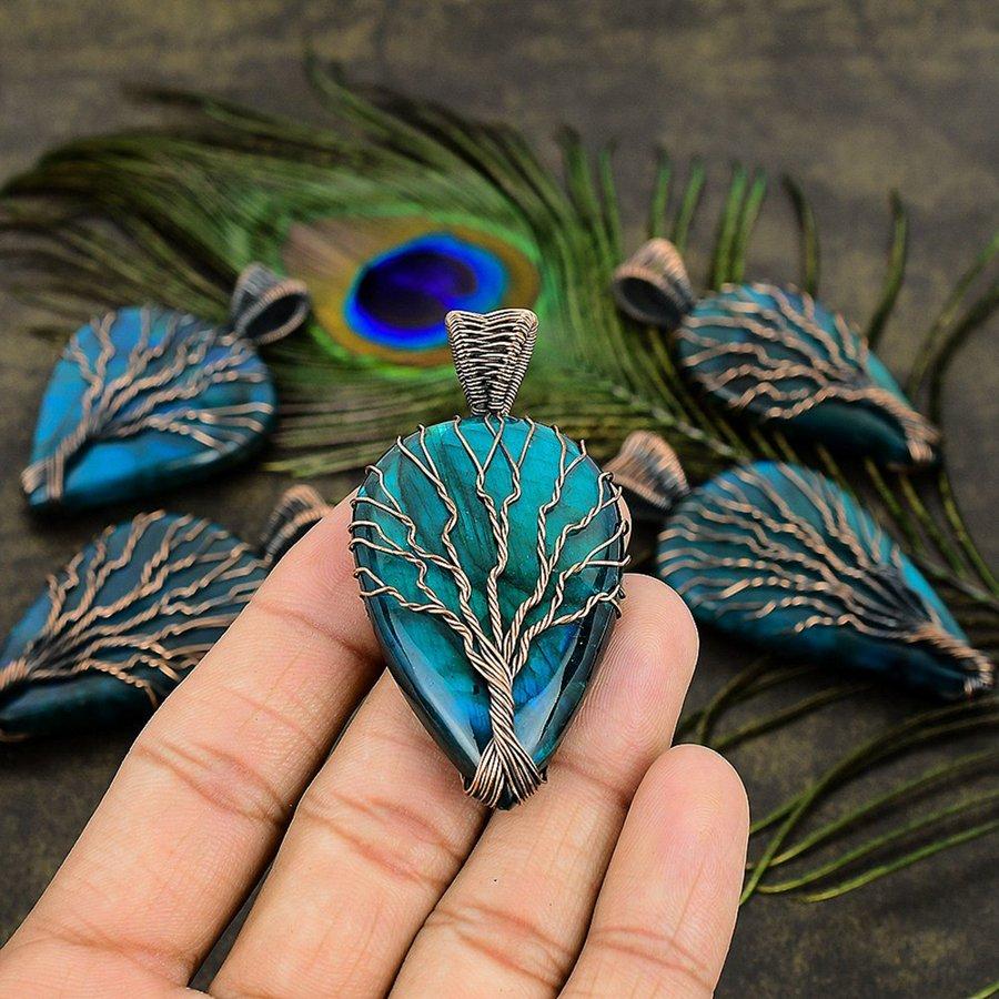 Синий лабрадорит ручной работы, обмотка медной проволокой, ювелирная подвеска 2,64" q2g08