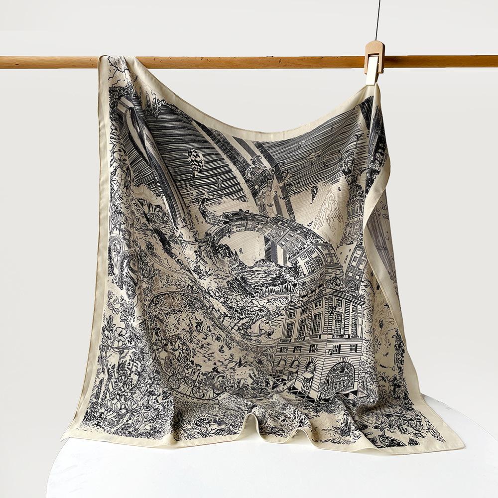 Fashionable women’s herringbone silk scarf, 90cm square shawl, printed, versatile headscarf