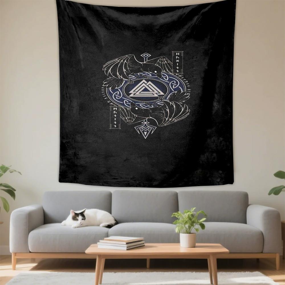 Tapestry Viking Norse Valknut Two Ravens Blue Celtic Circle Rune Pillars Black Minimalist Art