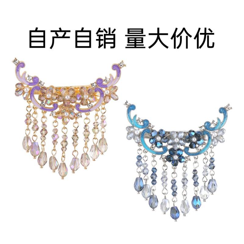 Handmade Layered Crystal Duckbill Hair Clip With Blue Enamel Tassel Korean Style Elegant Bun Accessory Women