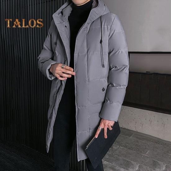 Men Cotton Coat Hooded Drawstring Long Sleeve Full Zipper Closure Cotton Jacket with Side Pockets Solid Color Mid-length Winter Outwear
