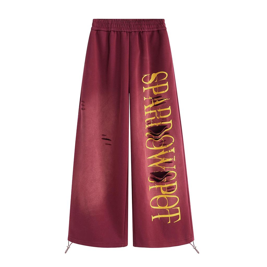 Unisex American Retro Gradient Print Wide-Leg Ripped Pants