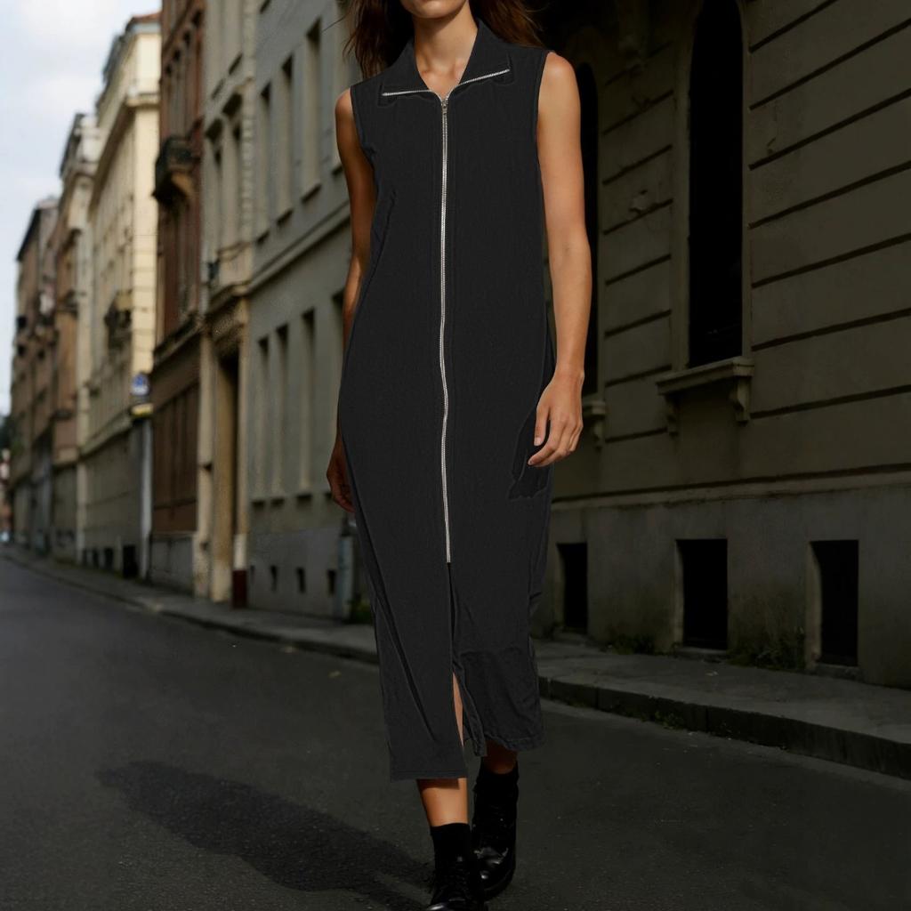 Plus Size Women's Minimalist Stand Collar Sleeveless Tank Dress Zipper Split Slim Long Dress