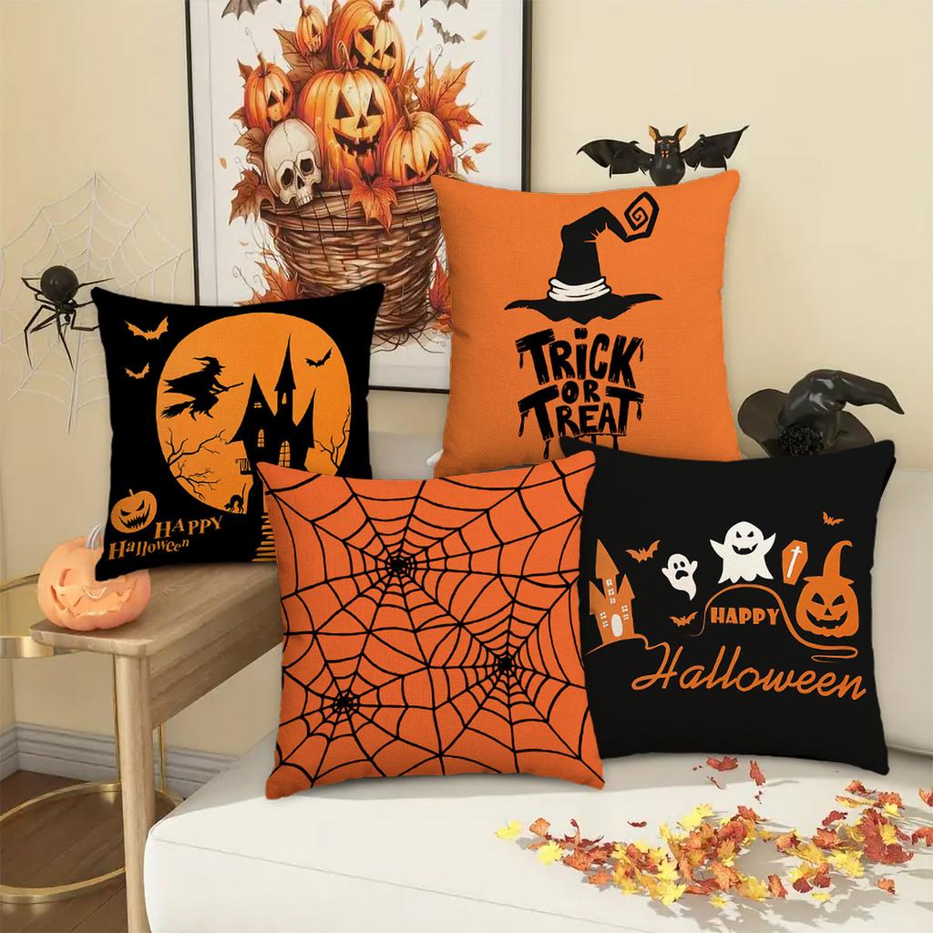 1pc Halloween Cushion Cover with Castle Web Witch Ghost Pattern Pillowcase for Festival Living Room Bedroom Decoration 45x45cm