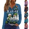 Women's Fashion Casual Christmas Print V-Neck Raglan Sleeves With Decorative Buttons Long Sleeved T-Shirt Top