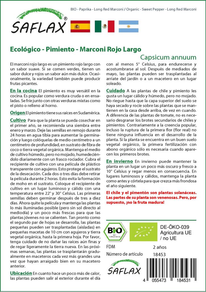 SAFLAX Garden in the Bag - Органический - Перец сладкий - Маркони длинный красный - 20 семян - С субстратом в подходящем пакете-стойке - Capsicum annuum