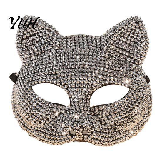 Dazzling Theme Dance Accessory Full Rhinestone Halloween Mask, Sparkling Skull And Cat Face Cosplay Costume Props Adjustable Elastic Straps
