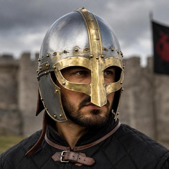 Средневековый стальной шлем с латунной отделкой, Viking Knight LARP Броня, Костюм для косплея Исторический воин